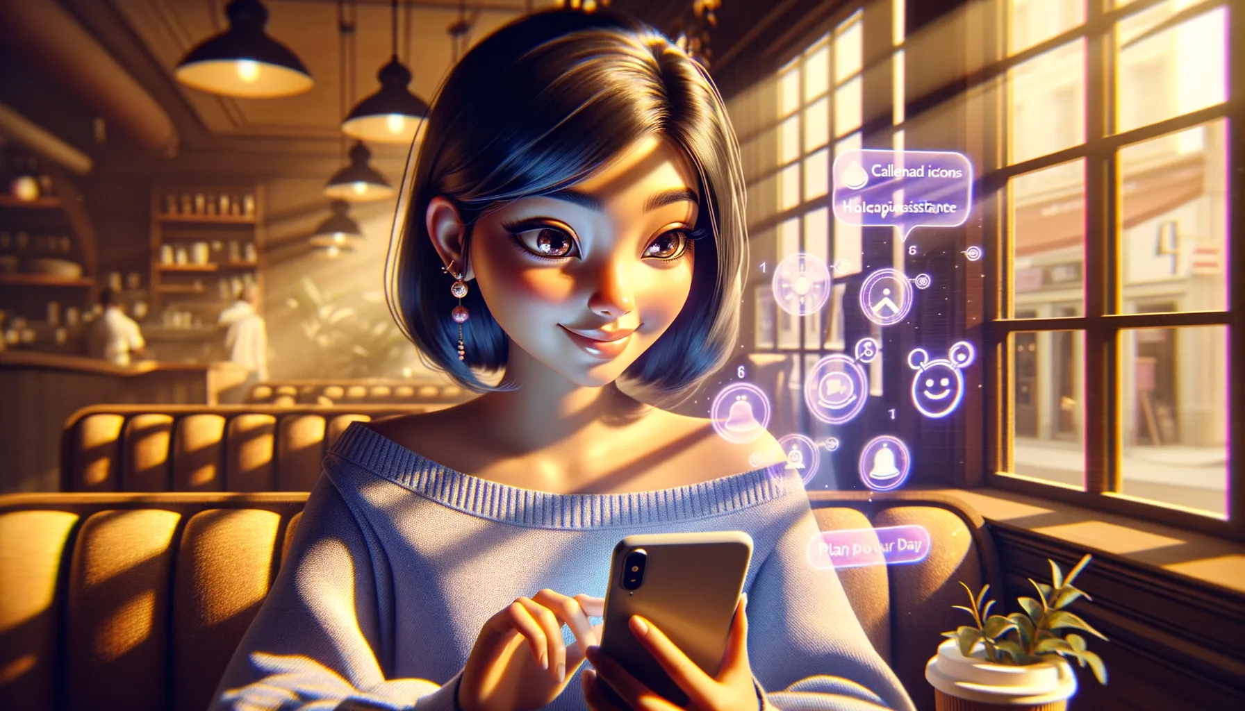 KI-Assistentin hilft beim Planen im sonnigen Café